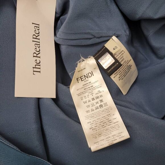 Fendi Blue Trumpet Bell Sleeve Floral Appliqué Sheath Dress Sz 40 US S Wool Silk - Picture 9 of 16